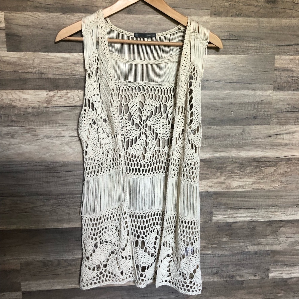 Boho Crochet Sleeveless Vest in Cream XS